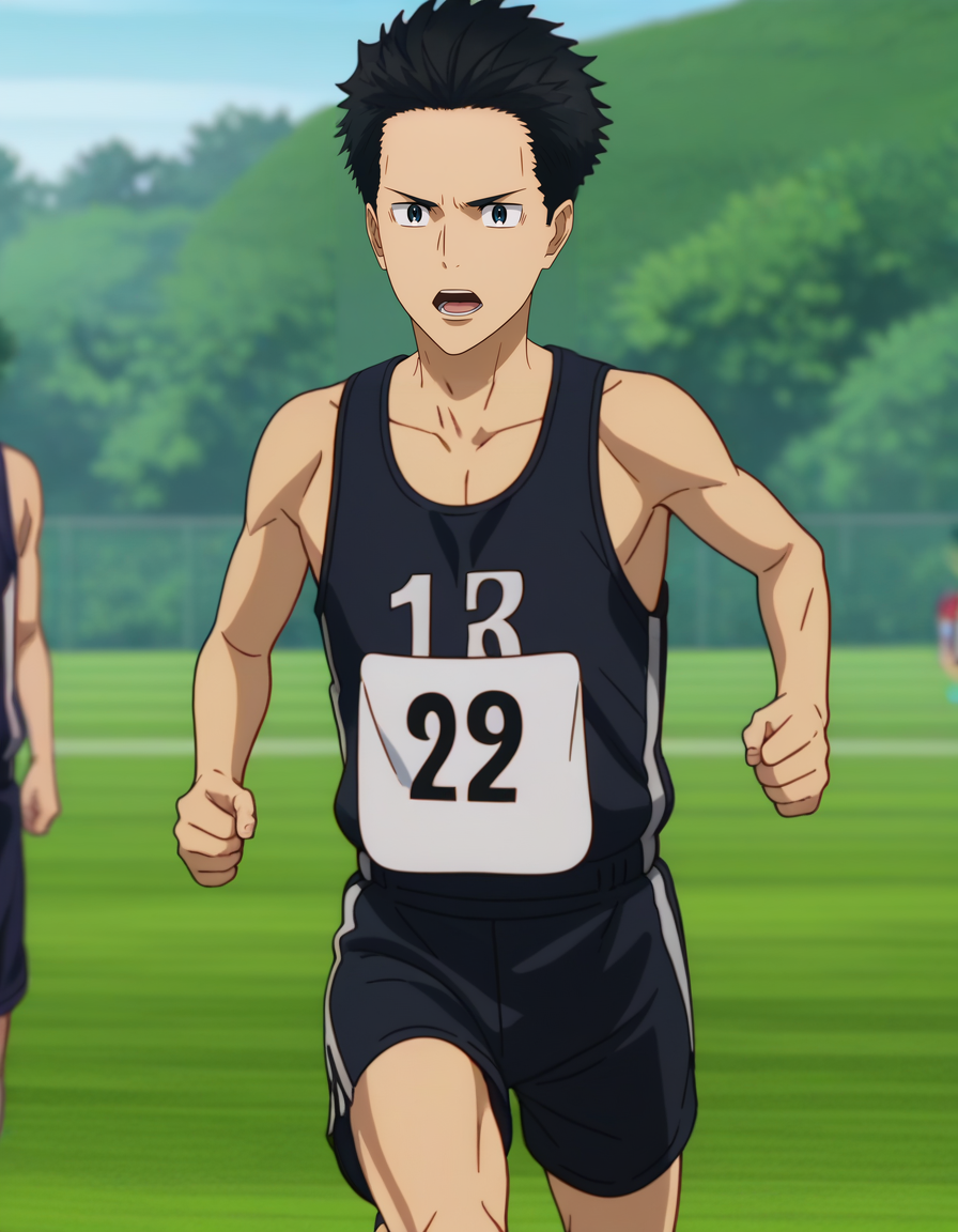 <lora:Kakeru_and_Haiji:1>,zPDXL2,1boy,kakeru kurahara,male focus,sportswear,running,solo focus,shorts,outdoors,open mouth,1boy,sleeveless,black shorts,blurry,track uniform,shirt,hair slicked back,bib number,no.18 bib number,anime screenshot,