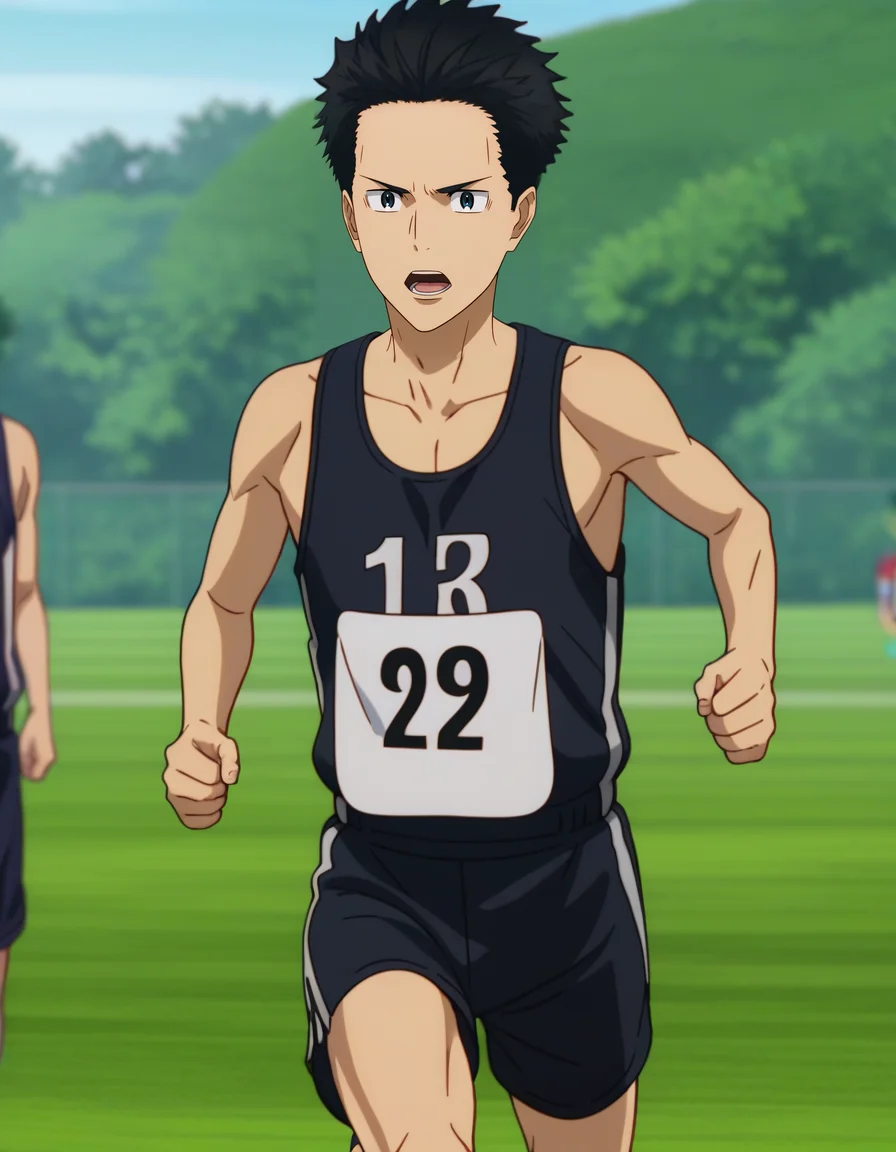 <lora:Kakeru_and_Haiji:1>,zPDXL2,1boy,kakeru kurahara,male focus,sportswear,running,solo focus,shorts,outdoors,open mouth,1boy,sleeveless,black shorts,blurry,track uniform,shirt,hair slicked back,bib number,no.18 bib number,anime screenshot,