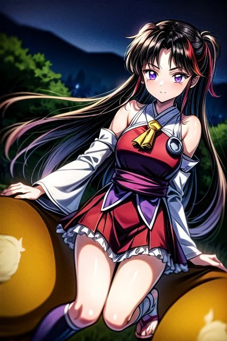 masterpiece, best quality 1girl Setsun4 solo long hair, (night time) forest background black hair very long hair purple eyes multicolored hair armor (fur trim) (medium body),<lora:EMS-179-EMS:0.800000>,<lora:EMS-293862-EMS:0.800000>ascot, bare shoulders, black footwear, detached sleeves, embellished costume, frills, japanese clothes, nontraditional miko, red skirt, sandals, sarashi, skirt, socks, white sleeves, white socks, wide sleeves, yellow ascot, zouri, armor, miko