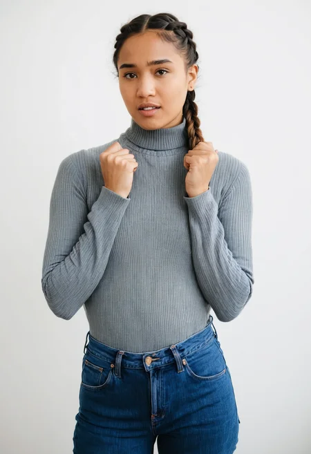 woman, confused expression, questioning gesture, braided hair, grey turtleneck, blue jeans, mixed ethnicity, portrait, high resolution, white background, indoor, natural lighting, facing camera, genuine emotion, casual wear, hands outstretched, no makeup, young adult, neutral color palette, minimalistic style.