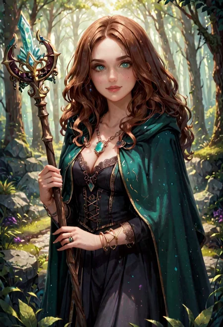 score_9, score_8_up, score_8, D&D style sorceress, 1 girl,  warrior , witch, powerful medieval lady sorcerer, cute face, green eyes, long flowing hair, deep brown hair, emerald cloak adorned, one hand holding a magical staff, in one hand, intricate silver embroidery, regal appearance. amulet, crystal pendant, silver rings and bracelets, standing in a forest, standing confidently in a forest. plants, ferns, purple wild flowers, , rocks, glowing crystals, magical fx, magical array, magical land, concept art, portrait, portrait pose, good composition.