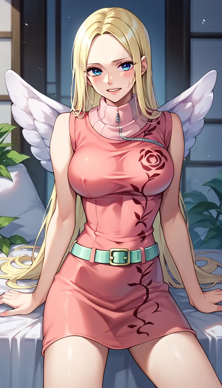 score_9, score_8_up, score_7_up, score_6_up, score_5_up, score_4_up, 1girl, conis, wings, blonde hair, very long hair, blue eyes, pink dress, turtleneck, green belt, <lora:Conis_v2:1>