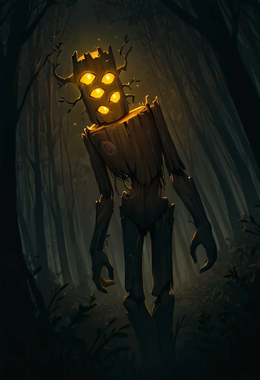 masterpiece, best quality, amazing quality, very aesthetic, absurdres, newest, cinematic, movie scene, foreground blur, volumetric lighting, 
creaking, no humans, standing, monster, glowing eyes, yellow eyes, solo, 3 eyes, yellow sclera, wooden body,
in forest, lurking behind trees, dark forest, dynamic angle, looking at viewer, head tilt,