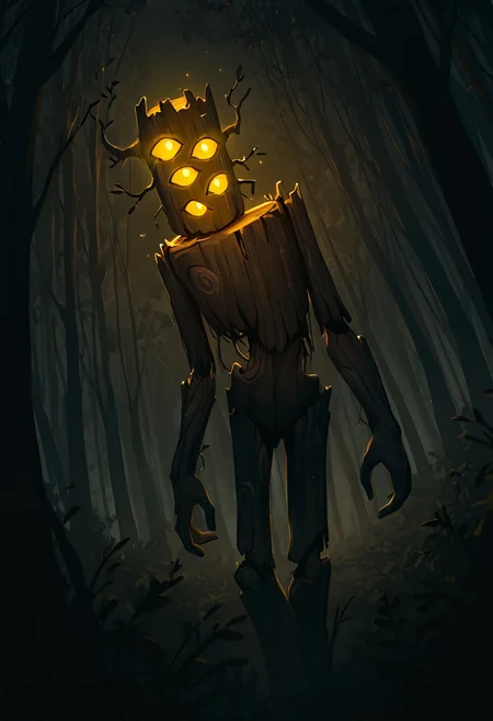masterpiece, best quality, amazing quality, very aesthetic, absurdres, newest, cinematic, movie scene, foreground blur, volumetric lighting, 
creaking, no humans, standing, monster, glowing eyes, yellow eyes, solo, 3 eyes, yellow sclera, wooden body,
in forest, lurking behind trees, dark forest, dynamic angle, looking at viewer, head tilt,