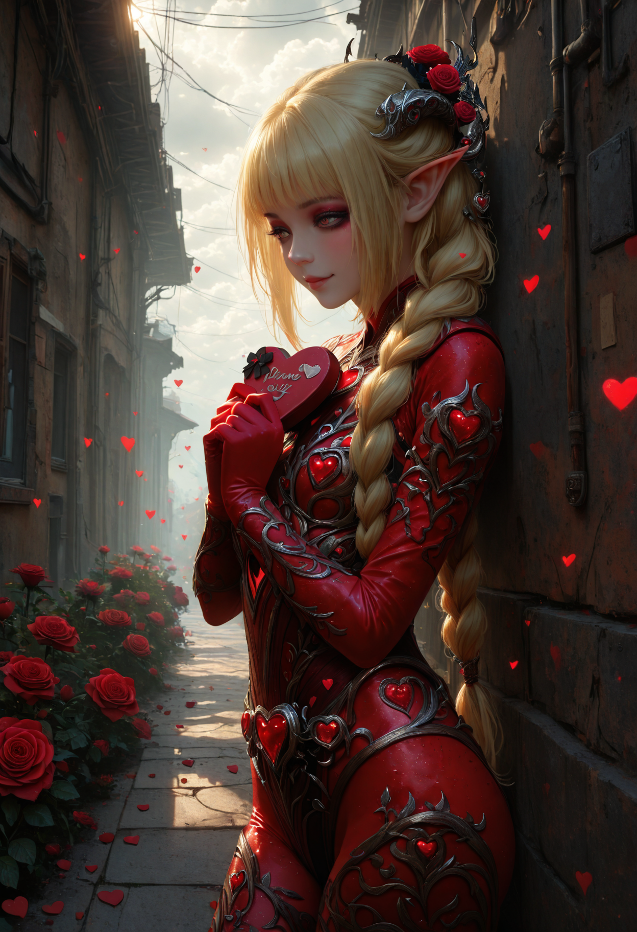 SFW,HDR, 8K, high contrast, high resolution, ultra-detailed,masterpiece, best quality, amazing quality, very aesthetic, absurdres, (scenery, volumetric lighting), newest, depth of field,cowboy shot,solo, orin the red, baldur's gate, 1girl, eyeshadow, black eyeshadow, blonde hair, low-braided long hair, low-tied long hair, very long hair, hair ornament,,alien linguist, wearing a translator device communicating with diverse species to foster understanding and cooperation showing patience and open-mindedness,eyeliner,love hearts,valentine,heart-shaped chocolate,happy,roses,dappled_sunlight, cloudy_sky,alley,envy,bear_position  ,masterpiece, best quality, amazing quality, very aesthetic, absurdres, (scenery, volumetric lighting), newest,depth of field , <lora:ValentineNatureStyle:1> ValentineNatureStyle, <lora:748cmSDXL:0.7> 748cmstyle, <lora:haiz_ai_illu:0.3> haiz_ai, no lineart,no outline,   <lora:ç»ªå¿ åæ¶æå¾åå½±è´¨æå¢å¼ºV3:0.5> XUER guangying, <lora:ral-vltne:0.8> ral-vltne,