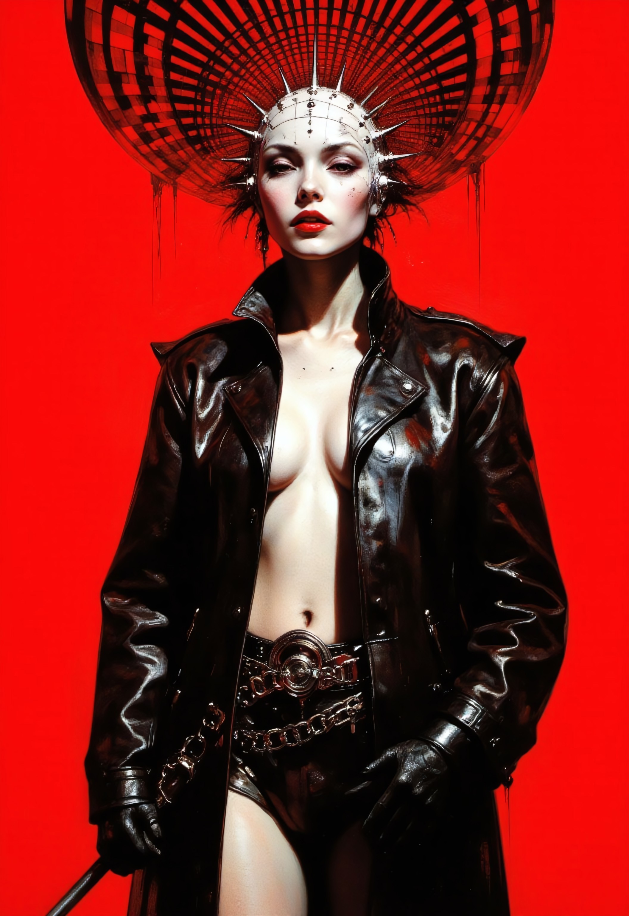This hyper-realistic portrait features a striking figure against a vibrant red background, with a surreal optical illusion created by black and white lines above the intense color. The subject wears an oversized black leather coat with exaggerated shoulders, cinched with a wide belt adorned with chains and buckles, reflecting a glossy leather texture. Black leather gloves add to the commanding look, highlighted by sharp light reflections. A dramatic white mask with a grid pattern, adorned with sharp spikes, contrasts with the subject's pale skin and dark red lips, adding a gothic allure. The figure clasps a long, thin object, like a whip or riding crop, enhancing the provocative atmosphere. Above the subject, the red background shifts into a complex network of black and white lines arranged in geometric patterns, forming a surreal optical illusion. The lines twist and converge, creating a disorienting effect that contrasts with the subject's imposing presence. This interplay between the stark lines and the figure’s details draws the viewer’s eye, creating depth and motion. The artist’s technique combines Gustav Klimt’s highly detailed portraiture with surrealist abstraction, using dramatic shading, texture, and geometric composition to amplify the tension and boldness of the scene, making it a striking masterpiece.
