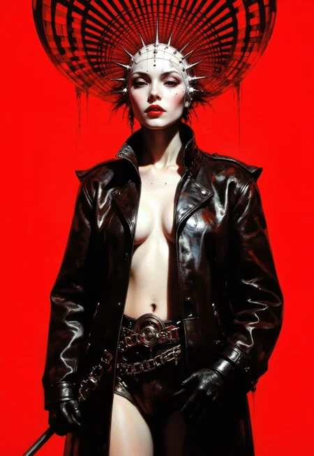 This hyper-realistic portrait features a striking figure against a vibrant red background, with a surreal optical illusion created by black and white lines above the intense color. The subject wears an oversized black leather coat with exaggerated shoulders, cinched with a wide belt adorned with chains and buckles, reflecting a glossy leather texture. Black leather gloves add to the commanding look, highlighted by sharp light reflections. A dramatic white mask with a grid pattern, adorned with sharp spikes, contrasts with the subject's pale skin and dark red lips, adding a gothic allure. The figure clasps a long, thin object, like a whip or riding crop, enhancing the provocative atmosphere. Above the subject, the red background shifts into a complex network of black and white lines arranged in geometric patterns, forming a surreal optical illusion. The lines twist and converge, creating a disorienting effect that contrasts with the subject's imposing presence. This interplay between the stark lines and the figure’s details draws the viewer’s eye, creating depth and motion. The artist’s technique combines Gustav Klimt’s highly detailed portraiture with surrealist abstraction, using dramatic shading, texture, and geometric composition to amplify the tension and boldness of the scene, making it a striking masterpiece.