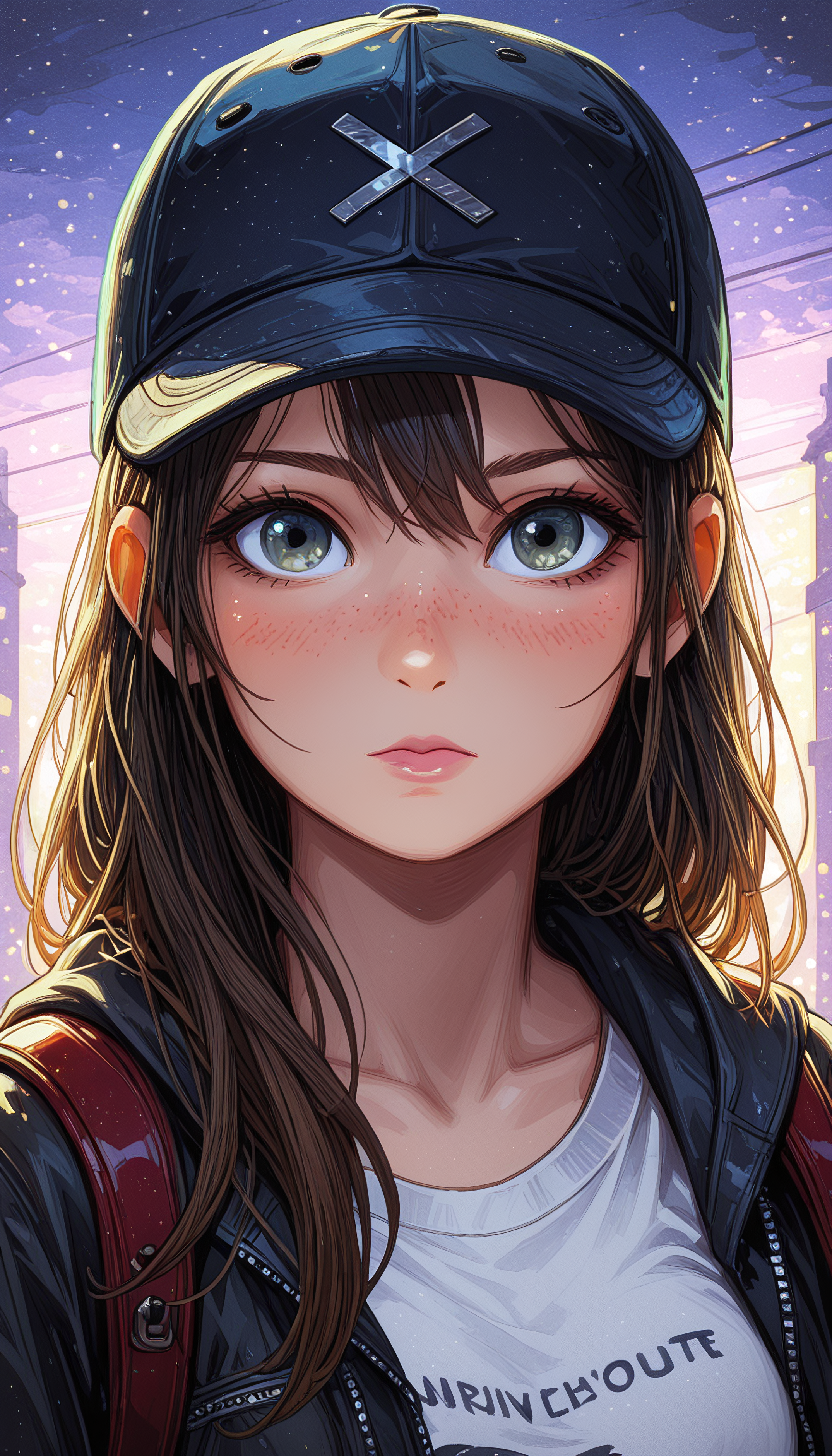 Shinkaistyle, masterpiece,
decarloxl, retro colors, 60s, retro, comic, fantasy,
jedopil, oil painting,
perfect eyes, vivid colors, vibrant colors, (lineless:1.5), light from front, 1girl, solo, long hair, breasts, looking at viewer, blush, bangs, blue eyes, brown hair, shirt, black hair, hat, hair between eyes, brown eyes, medium breasts, closed mouth, green eyes, collarbone, jacket, white shirt, upper body, sidelocks, outdoors, open clothes, hood, medium hair, bag, blurry, black eyes, open jacket, lips, black jacket, grey eyes, eyelashes, black headwear, hoodie, night, depth of field, blurry background, expressionless, backpack, hood down, t-shirt, portrait, clothes writing, baseball cap, hooded jacket, close-up, blue headwear, zipper, backlighting, freckles, pocket, pink lips, nose, unzipped, leather, leather jacket, print headwear