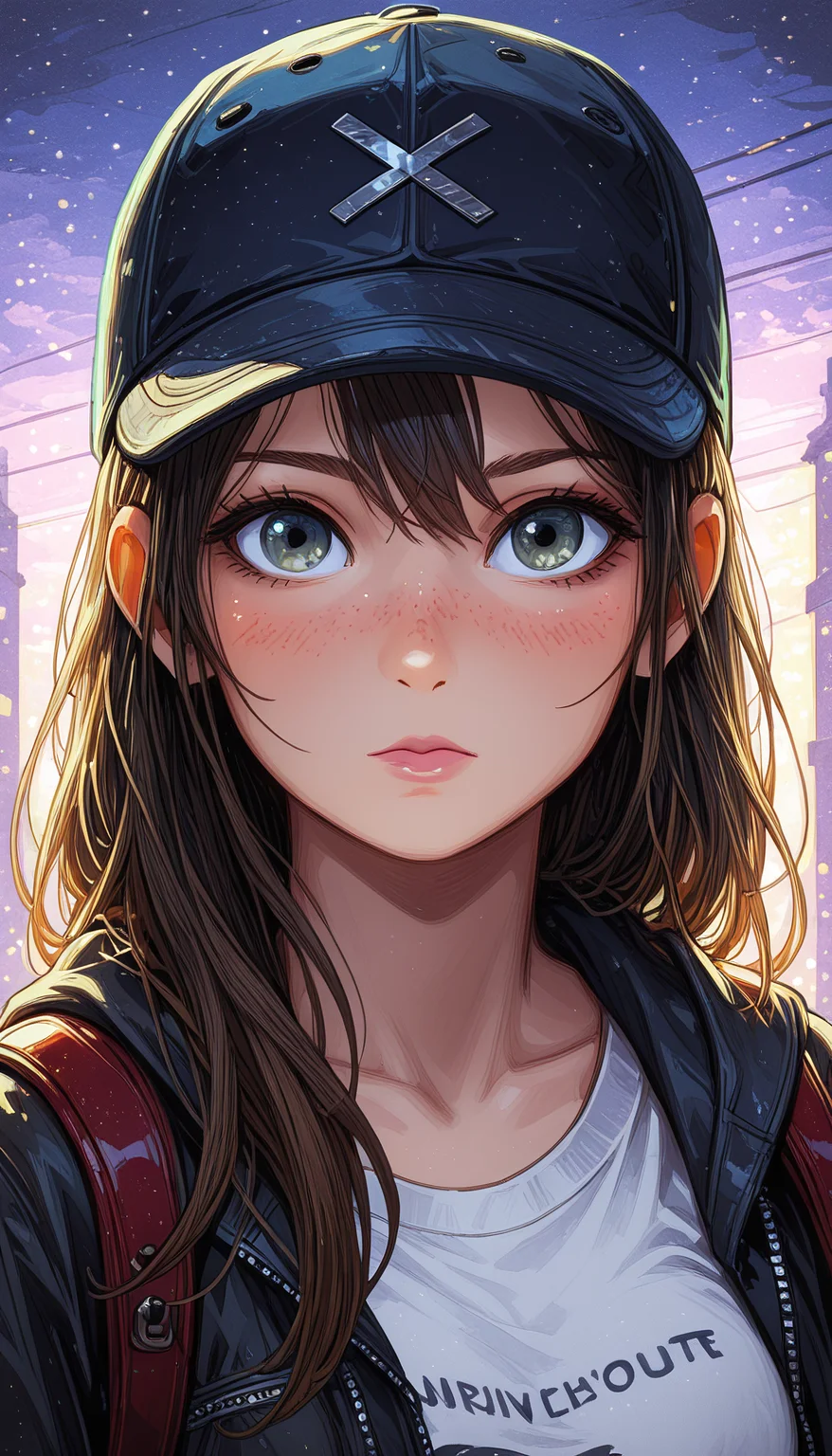 Shinkaistyle, masterpiece,
decarloxl, retro colors, 60s, retro, comic, fantasy,
jedopil, oil painting,
perfect eyes, vivid colors, vibrant colors, (lineless:1.5), light from front, 1girl, solo, long hair, breasts, looking at viewer, blush, bangs, blue eyes, brown hair, shirt, black hair, hat, hair between eyes, brown eyes, medium breasts, closed mouth, green eyes, collarbone, jacket, white shirt, upper body, sidelocks, outdoors, open clothes, hood, medium hair, bag, blurry, black eyes, open jacket, lips, black jacket, grey eyes, eyelashes, black headwear, hoodie, night, depth of field, blurry background, expressionless, backpack, hood down, t-shirt, portrait, clothes writing, baseball cap, hooded jacket, close-up, blue headwear, zipper, backlighting, freckles, pocket, pink lips, nose, unzipped, leather, leather jacket, print headwear