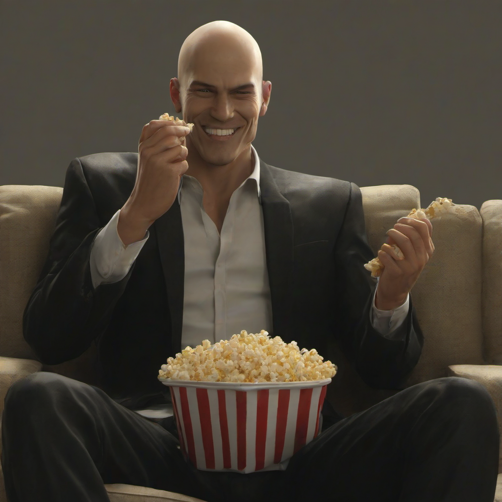masterpiece,high quality,
 <lora:PE_Hitman47:0.8>  PEHitman,
eating popcorn,laughing