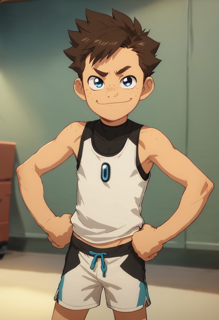 score_9, score_8_up, score_7_up,1boy, solo, cute boy, Koji, Blue Eyes, Brown Hair, Freckles, tank top, shorts, smug smile, hands on hips, Official Style,