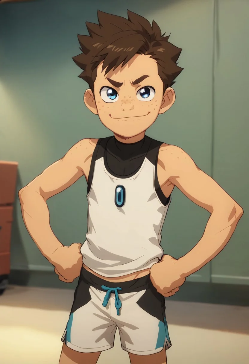 score_9, score_8_up, score_7_up,1boy, solo, cute boy, Koji, Blue Eyes, Brown Hair, Freckles, tank top, shorts, smug smile, hands on hips, Official Style,