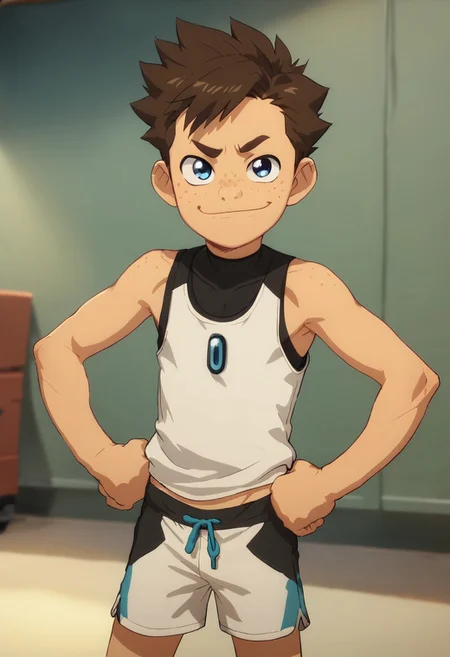 score_9, score_8_up, score_7_up,1boy, solo, cute boy, Koji, Blue Eyes, Brown Hair, Freckles, tank top, shorts, smug smile, hands on hips, Official Style,