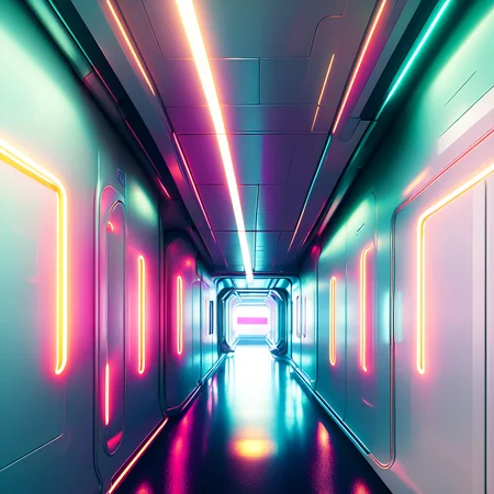 (corridorfuturism style:1) hallway in a sci - fi environment with neon lights <lora:djzCorridorFuturismV21:0.8>