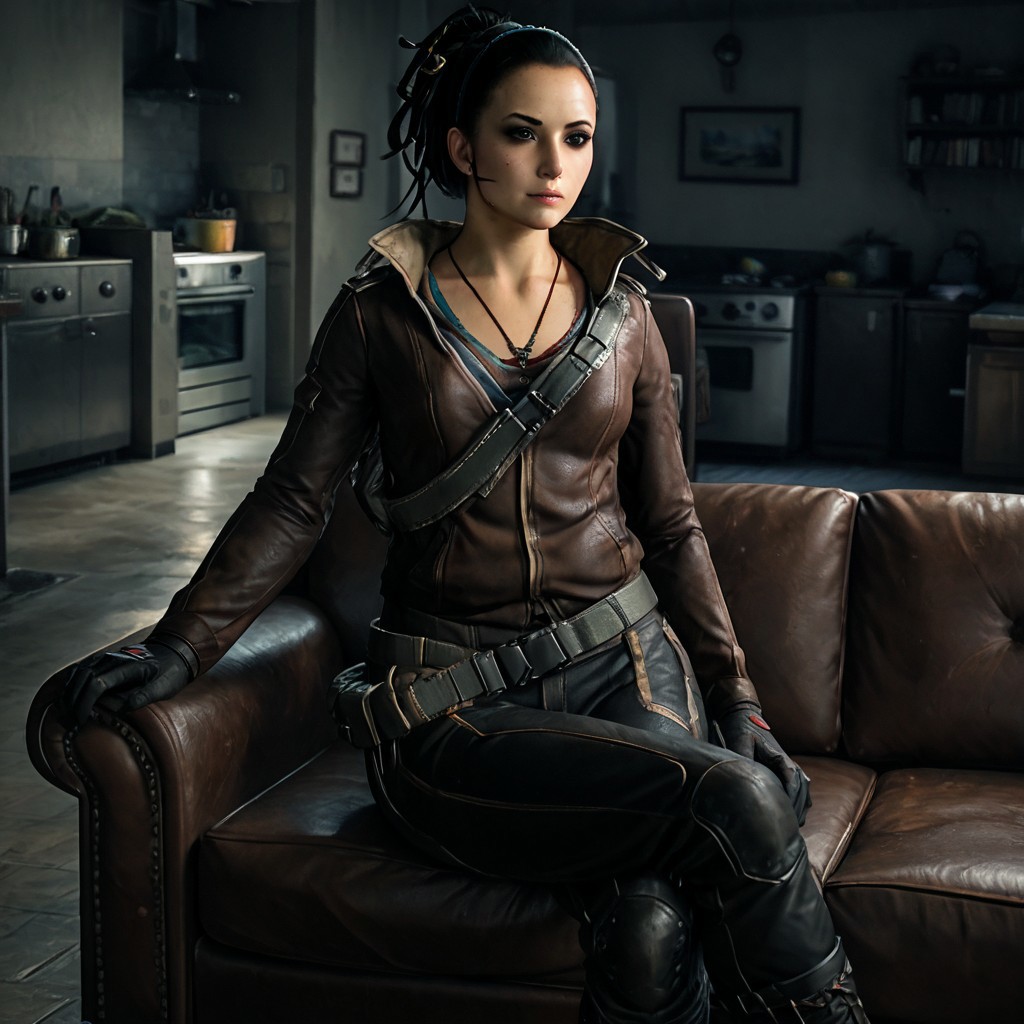 masterpiece, best quality, jade_dl, black hair, ponytail, jacket, belt, pants, sitting, sofa, crossed legs
