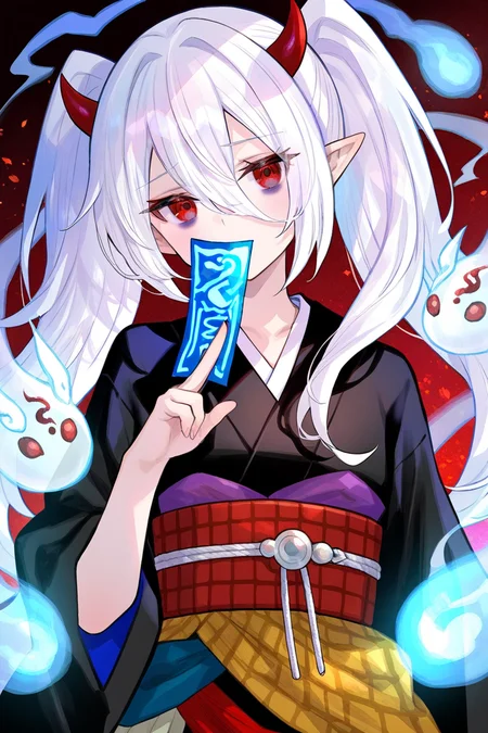 ghost ogre & snow rabbit,1girl,solo,looking at viewer,bags_under_eyes,red eyes,holding,twintails,upper body,white hair,horns,pointy ears,kimono,obi,demon girl,demon horns,blue ofuda,snake,hitodama,black kimono,duel monster,spirit,1other,<lora:yuki usagi:0.75>,