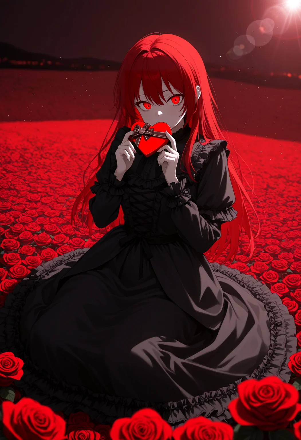 amazing quality, very aesthetic, absurdres, highres, newest, HDR, 8K, high detail RAW color art, intricate details, high contrast, detailed background, (masterpiece, best quality)
BREAK
50mm lens
aperture opening of f/4.0
(gothic aesthetic) 1girl, (red long hair, crimson eyes), detailed, crimson light, field of red roses, black dress light particles, sitting on roses, outdoors, sunlight
lens flare, light particles, Valentine's Day Decoration, ((I Love you!:1)), hearts decoration, hearts ballons, hearts chocolate
(depth of field, flat colors, HDR+, sharp focus, sharp shadows, high contrast)
BREAK
\\ Made with ONE FOR ALL checkpoint by Chaos Experience @ https://civitai.com/user/ChaosExperience/ \\