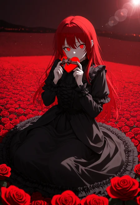 amazing quality, very aesthetic, absurdres, highres, newest, HDR, 8K, high detail RAW color art, intricate details, high contrast, detailed background, (masterpiece, best quality)
BREAK
50mm lens
aperture opening of f/4.0
(gothic aesthetic) 1girl, (red long hair, crimson eyes), detailed, crimson light, field of red roses, black dress light particles, sitting on roses, outdoors, sunlight
lens flare, light particles, Valentine's Day Decoration, ((I Love you!:1)), hearts decoration, hearts ballons, hearts chocolate
(depth of field, flat colors, HDR+, sharp focus, sharp shadows, high contrast)
BREAK
\\ Made with ONE FOR ALL checkpoint by Chaos Experience @ https://civitai.com/user/ChaosExperience/ \\