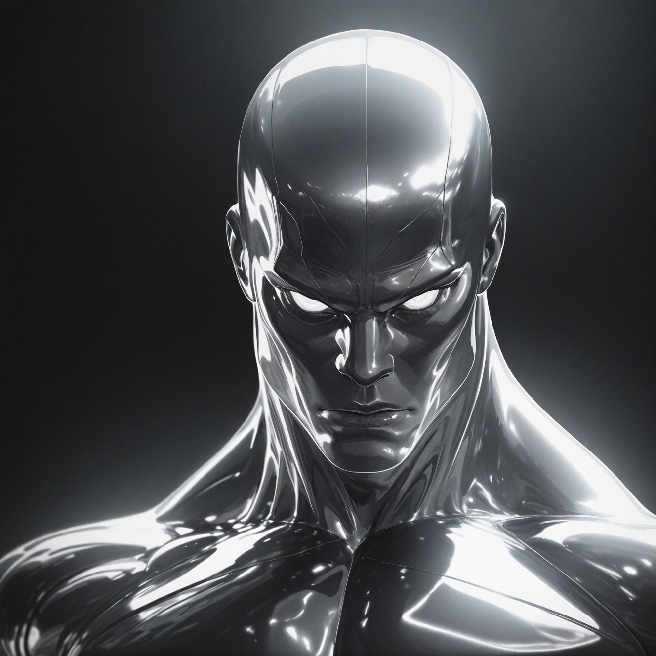 <lora:SILVER_SURFER:1.5> silver_surfer, solo, looking at viewer, 1boy, closed mouth, upper body, monochrome, male focus, blurry, shiny skin, muscular, blurry background, colored skin, depth of field, glowing, black background, portrait, veins, realistic, bald, white eyes, manly, black skin, greyscale, alien, motion blur, film grain, abstract, natural lighting, fantasy, cinematic, dynamic view, tilted angle, very awa, masterpiece, best quality, absurdres, newest, perfect quality, detailed background, intricate details,  (artist:fl \(l-fl\):0.7), (artist:tooboshoo:0.7), (artist:dizdoodz:0.8)