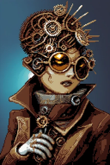 A character with intricate brass goggles perched on their forehead, wearing a Victorian-era jacket adorned with gears and copper wires. They have a mechanical arm made of polished brass and intricate clockwork, holding a glowing, etheric device. <lora:pixelportraits192-v1-2151:0.75>