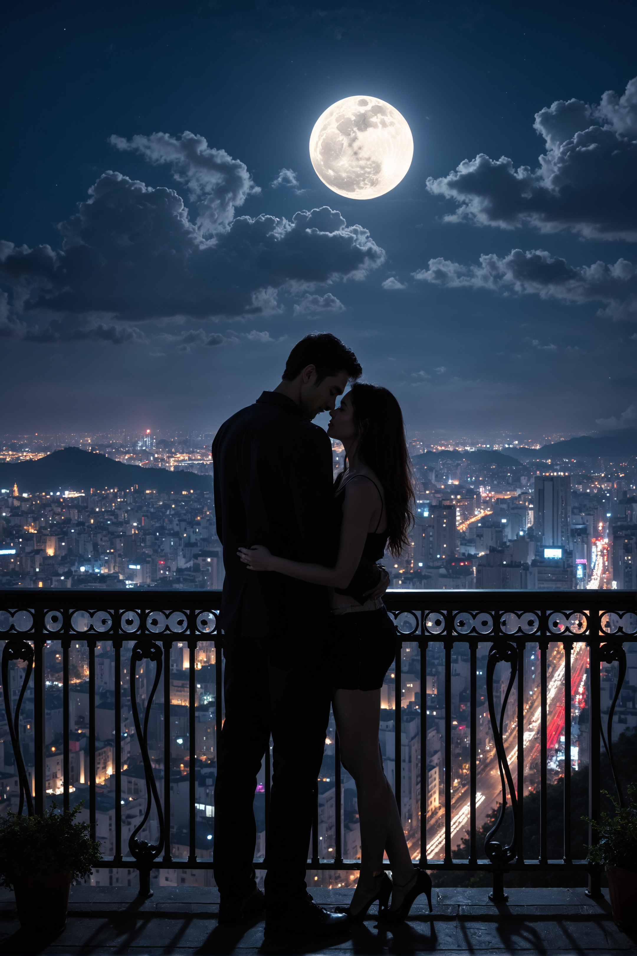 A couple sharing an intimate moment under the moonlight, standing on a balcony overlooking a bustling city.