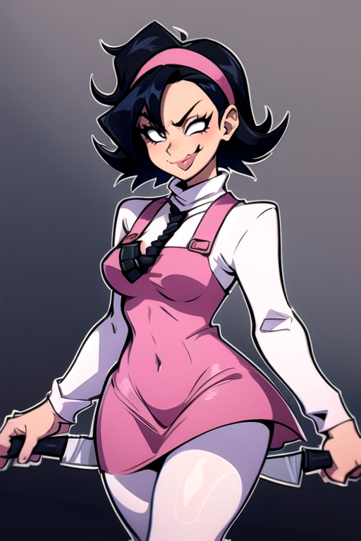 <lora:nene:0.8> 1girl, solo, breasts, smile, short hair, simple background, shirt, black hair, long sleeves, dress, holding, medium breasts, white shirt, weapon, pantyhose, hairband, tongue, tongue out, grey background, covered navel, turtleneck, knife, pink dress, :p, white pantyhose, outline, holding knife, white outline, pink hairband