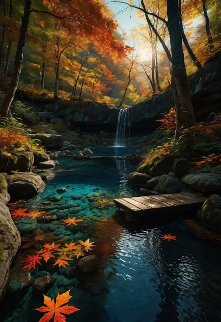 (clear plunge pond in a magical claustrophobic forest with numerous overgrown trees with water surface completely covered in lots of floating autumn maple leaves:1.28), (filled with saturated multicolored stone boulders at the bottom of pond lit with caustics:1.2) (with mossy logs and waterholes and glowing corals inside pond:1.24), afternoon (moody atmosphere:1.08) golden (hour with godrays shining through dark canopy branches:1.2), (bioluminescent-shikoku gleams:), (prismatic cohesive color grading), 4k, highres, best quality, dramatic, cinematic, epic, (concept art, digital art, realistic, professional masterpiece, raised view, dutch angle, establishing far shot, dynamic shot, (curvilinear perspective), sharp clarity:1.2), fine intricate details, great lighting, dappled soft lighting, volumetric lighting, detailed highlights, rim lighting