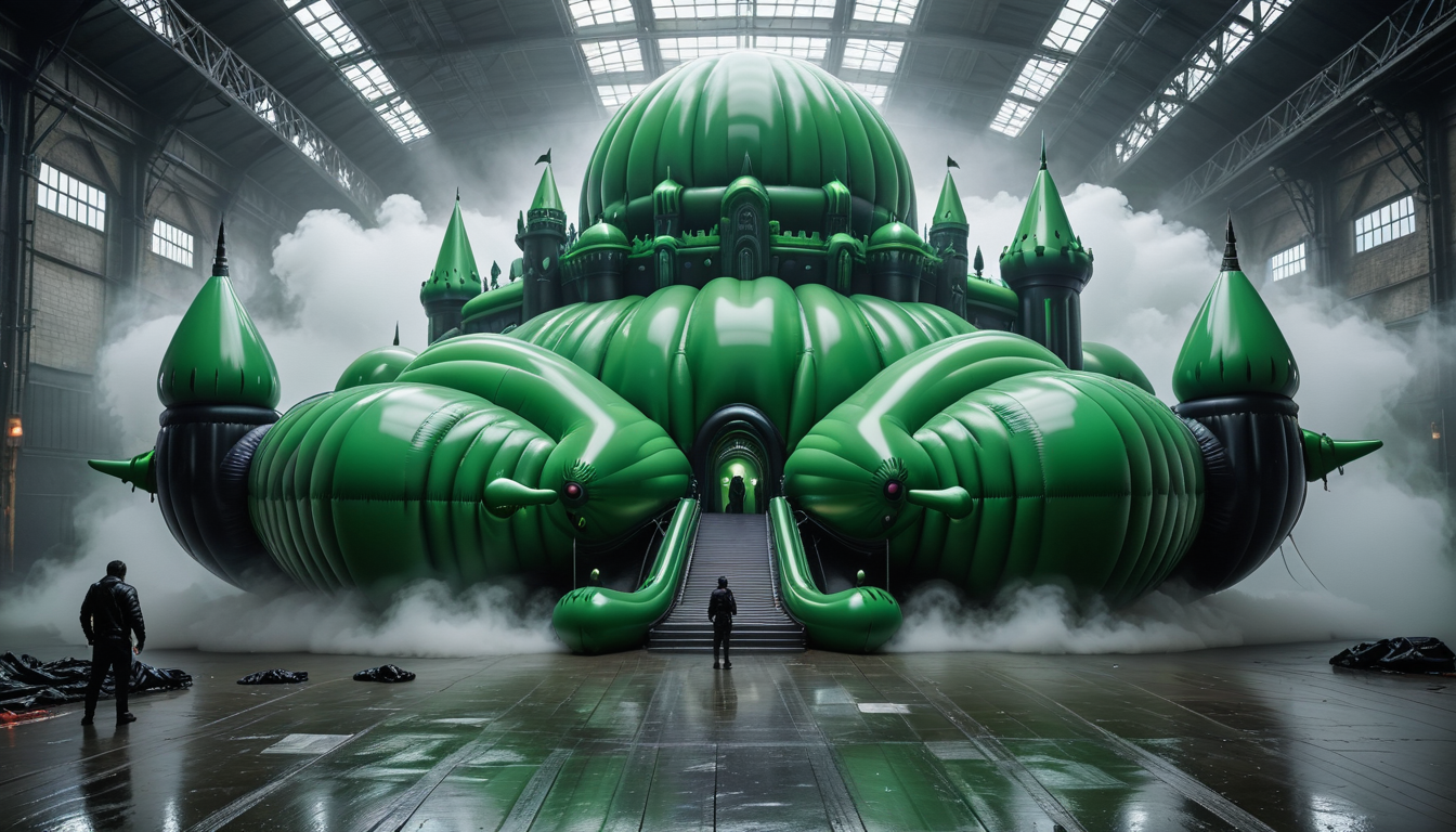 shnywrld, cyberpunk, inflatable, zipper, green castle, dramatic scene, in an open space, liminal, fog, mist, extremely detailed and intricate <lora:shinyworld_2dim:1>