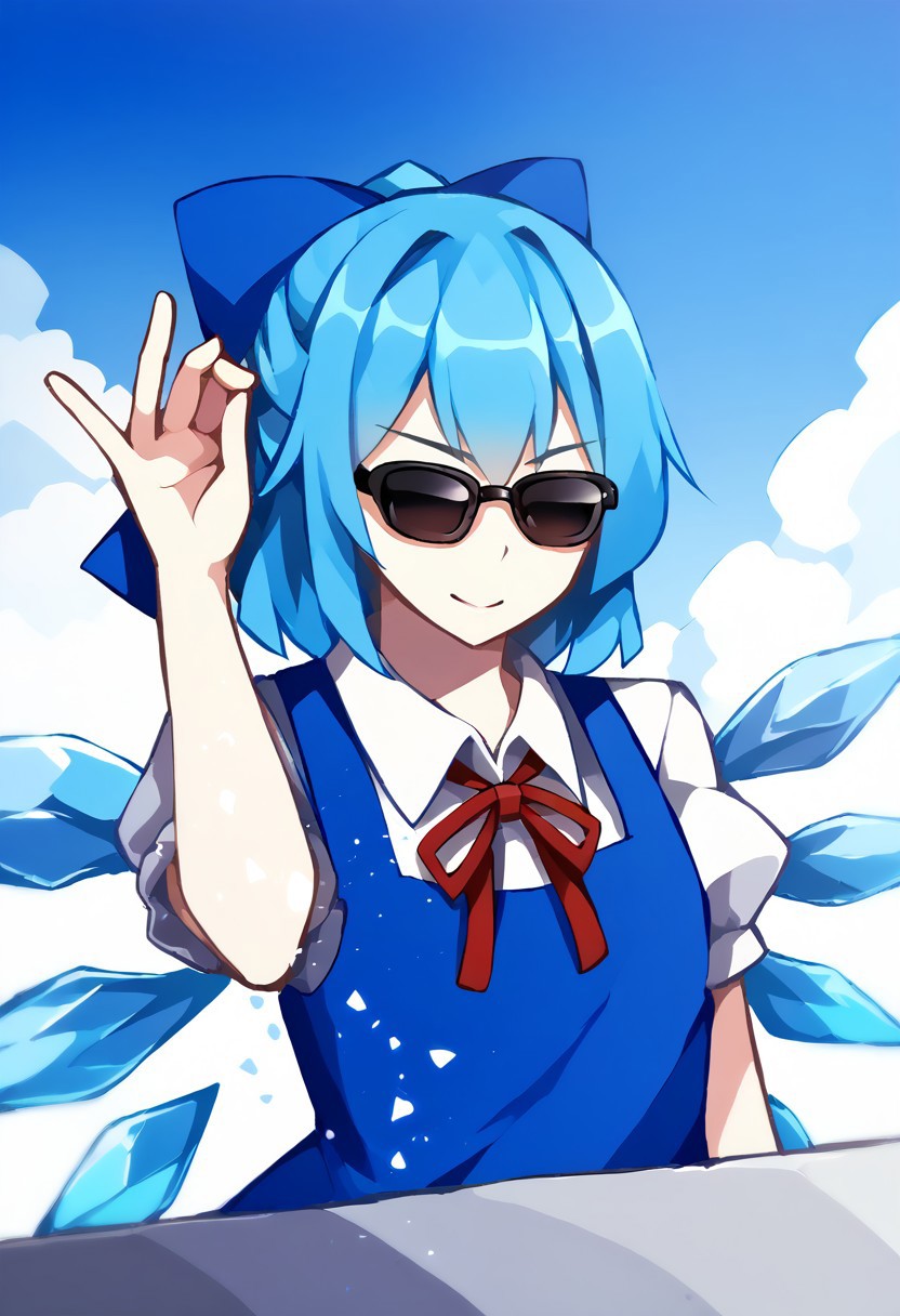 score_9, score_7_up, source_anime, masterpiece, best quality, detailed, perfect, perfection, aesthetic, absurd, detailed, KaliningradG,
illustration showing SaltBarMeme cirno, 
1girl, pblue_hair, hair_bow, short_hair, blue_eyes, wings, ice_wings, 
bow, blue_bow, dress, blue_dress, shirt, short_sleeves, white_shirt, collared_shirt, puffy_sleeves, ribbon, puffy_short_sleeves, ice,
upper body, standing, salt, sunglasses
