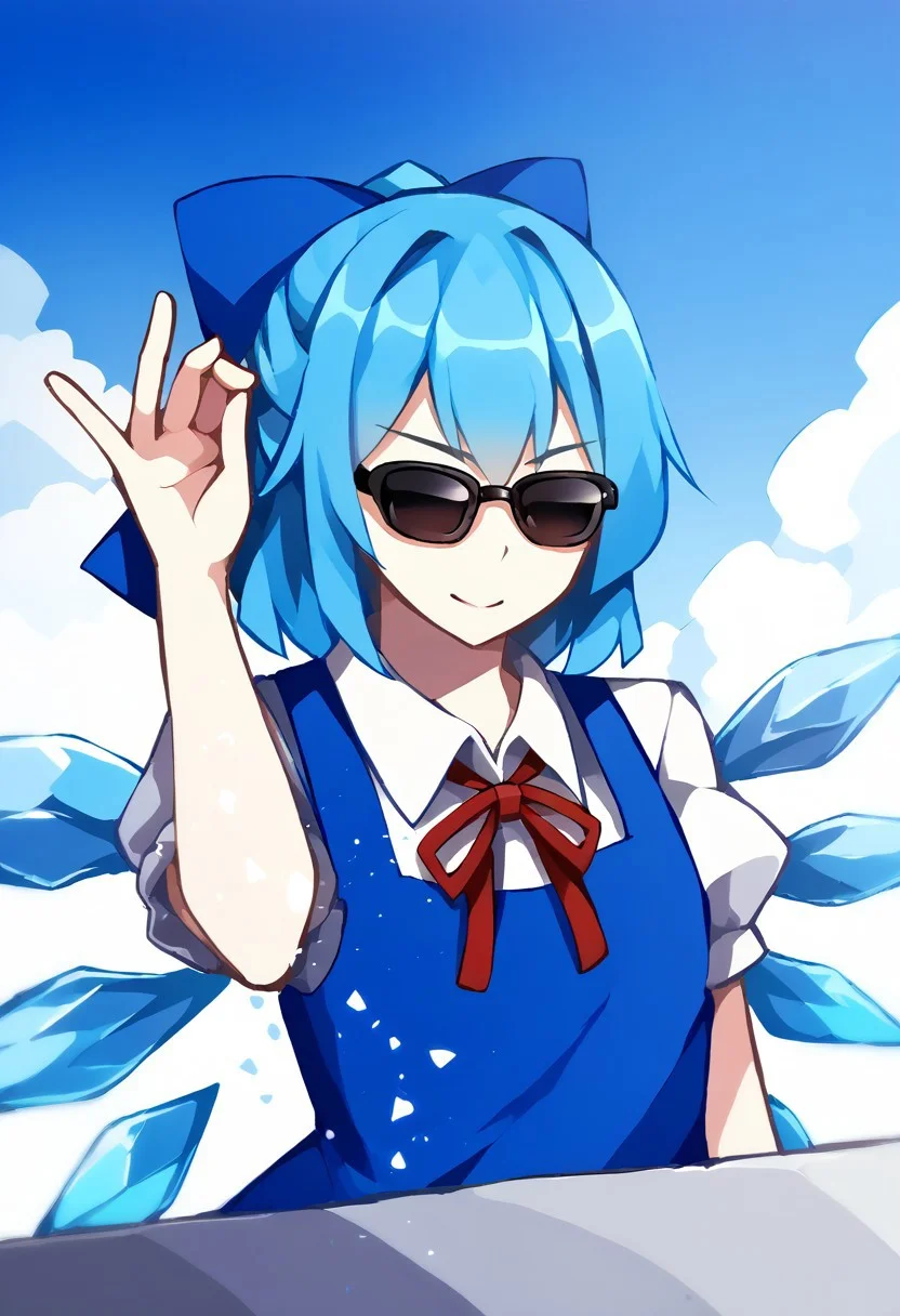 score_9, score_7_up, source_anime, masterpiece, best quality, detailed, perfect, perfection, aesthetic, absurd, detailed, KaliningradG,
illustration showing SaltBarMeme cirno,
1girl, pblue_hair, hair_bow, short_hair, blue_eyes, wings, ice_wings,
bow, blue_bow, dress, blue_dress, shirt, short_sleeves, white_shirt, collared_shirt, puffy_sleeves, ribbon, puffy_short_sleeves, ice,
upper body, standing, salt, sunglasses