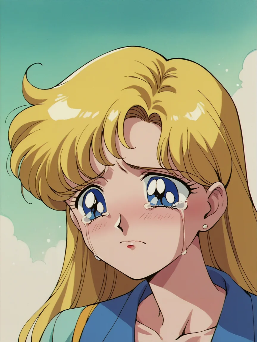 score_9, score_8_up, score_7_up, score_6_up, score_5_up, <lora:s41l0rm00nXLP:1> s41l0rm00n, retro artstyle, 1girl, blonde hair, sad, blue eyes, tears