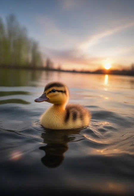 ultra-low angle shot from close to the ground, hdr photography, realistic, a duckling on a dreamy lake, spring sunset <lora:Creat0r_MagicDetailzV2_FIX:0.5>