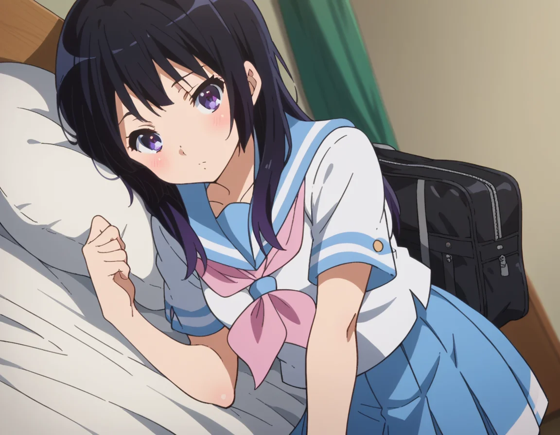 score_9, score_8_up, score_7_up, source_anime,
reinakousaka, <lora:reina-kousaka-ponyxl-lora-nochekaiser:1>,
reina kousaka, long hair, bangs, black hair, purple eyes,
skirt, shirt, school uniform, white shirt, short sleeves, pleated skirt, serafuku, sailor collar, blue skirt, neckerchief, blue sailor collar, school bag, pink neckerchief, kitauji high school uniform,
indoors, bed, bed room, on side, blush, drunk,
looking at viewer, cowboy shot, dutch angle,