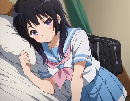 score_9, score_8_up, score_7_up, source_anime,
reinakousaka, <lora:reina-kousaka-ponyxl-lora-nochekaiser:1>,
reina kousaka, long hair, bangs, black hair, purple eyes,
skirt, shirt, school uniform, white shirt, short sleeves, pleated skirt, serafuku, sailor collar, blue skirt, neckerchief, blue sailor collar, school bag, pink neckerchief, kitauji high school uniform,
indoors, bed, bed room, on side, blush, drunk,
looking at viewer, cowboy shot, dutch angle,