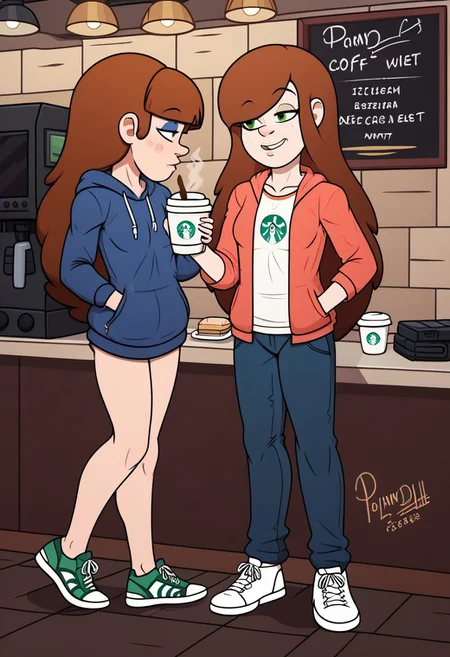 polanstyle, 1girl, hoodie and sneakers, coffee shop, relaxed atmosphere, indoor, pcgfwen