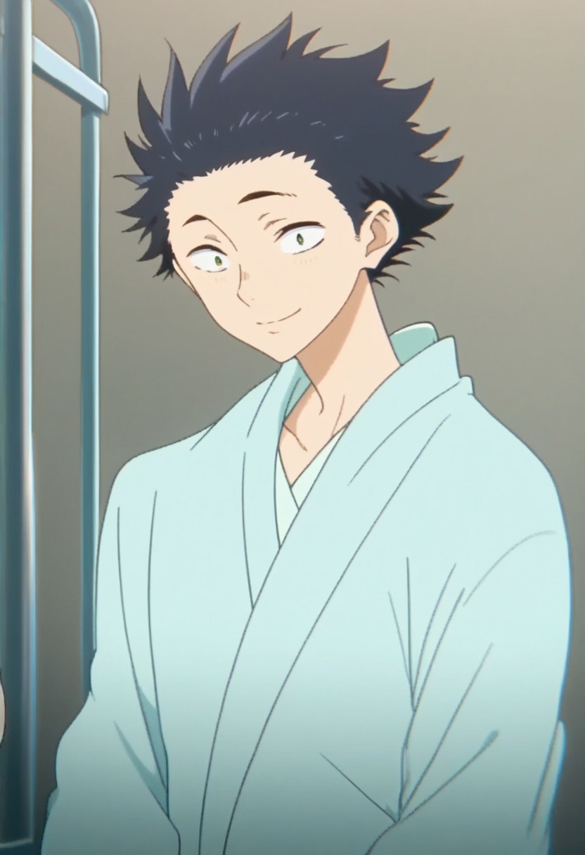 score_9, score_8_up, score_7_up, source_anime, rating_safe, Shoykoe, 1boy, male focus, anime screencap, sweet smile, hospital gown, live life well and keep the mental and physical healthy