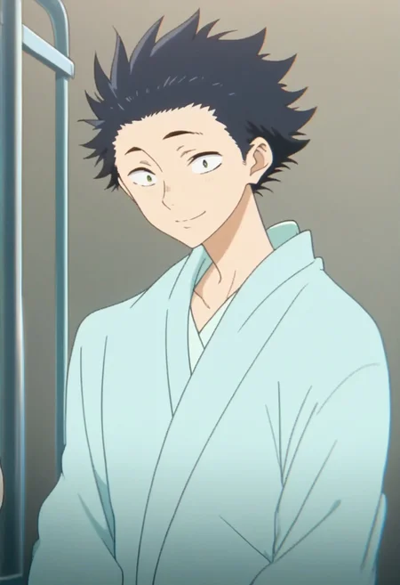 score_9, score_8_up, score_7_up, source_anime, rating_safe, Shoykoe, 1boy, male focus, anime screencap, sweet smile, hospital gown, live life well and keep the mental and physical healthy