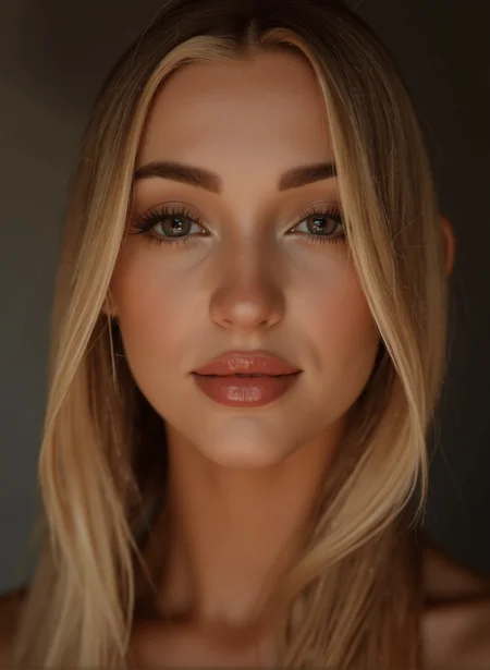 BrooklynMixer, ultra high definition and ultra realistic photo of a gorgeous young woman looking at the viewer with a seductive smile. Incredibly detailed zoomed in professional photo of her face.