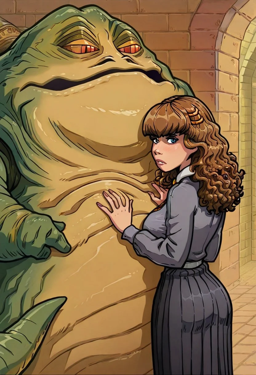 Masterpiece, Best Quality, Akaburstyle, JabbaHutt, 1 Hutt, Jabba the Hutt, groping, BREAK, Hermione Granger, brick wall background