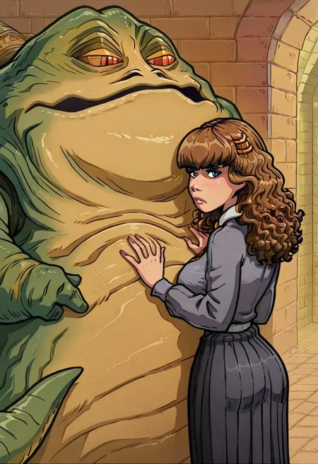 Masterpiece, Best Quality, Akaburstyle, JabbaHutt, 1 Hutt, Jabba the Hutt, groping, BREAK, Hermione Granger, brick wall background