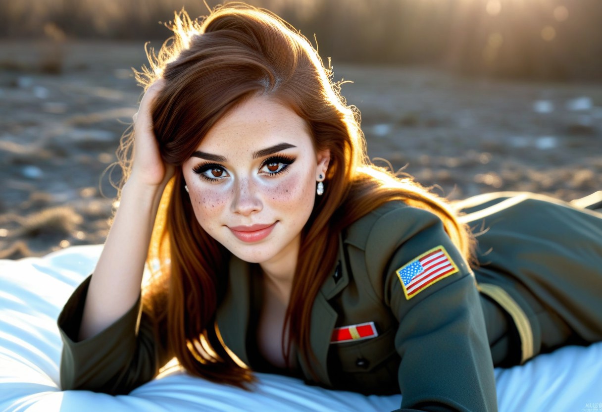 40% desaturated colours, realistic photo, photorealistic, 24yo busty M4L4K posing outdoor, various long hairstyles, freckles, perfect proportions, (big breasts), deep cleavage, wear uniform, winter season environment, (8k) (HDR)