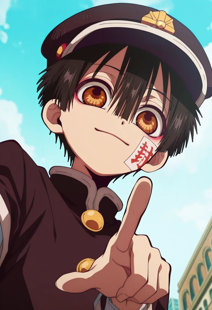 masterpiece, best quality, , anime screencap, anime coloring, official style, looking at viewer, 1boy, solo, male focus, <lora:hanako-kun_ilxl:0.9>, hanako-kun, black hair, brown eyes, short hair, hair between eyes, bangs, hat, black headwear, , ofuda, from below, plaza, midnight, pointing, light smile,