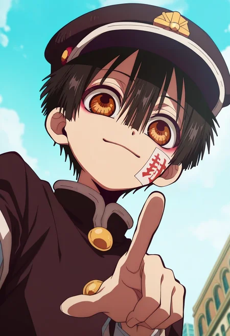 masterpiece, best quality, , anime screencap, anime coloring, official style, looking at viewer, 1boy, solo, male focus, <lora:hanako-kun_ilxl:0.9>, hanako-kun, black hair, brown eyes, short hair, hair between eyes, bangs, hat, black headwear, , ofuda, from below, plaza, midnight, pointing, light smile,