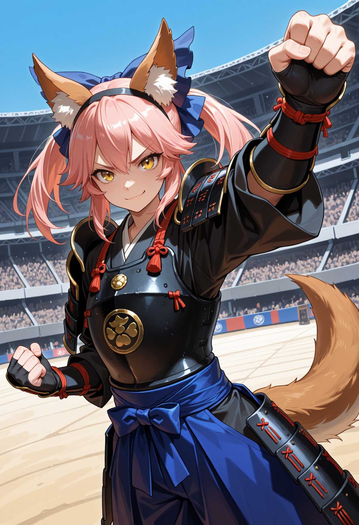 masterpiece, best quality, highres, absurdres, very awa, 1girl, solo, animal ears, pink hair, twintails, (samurai:1.2), japanese clothes, hakama, (japanese armor), kote, sode, shoulder armor, hairband, arena, audience, cowboy shot, dutch angle, yellow eyes, hair bow, blue bow, tail, (hakama pants), breastplate, gloves, blue sky, raised fist, clenched hand, arm up, looking at viewer, v-shaped eyebrows, smirk, closed mouth