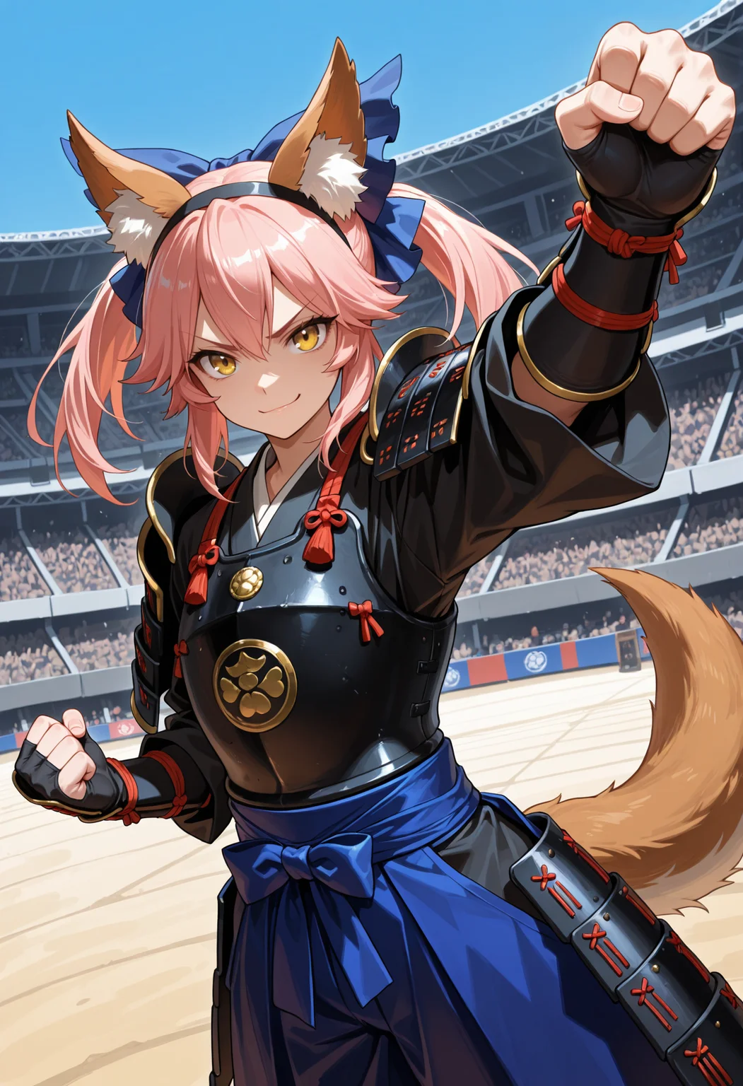 masterpiece, best quality, highres, absurdres, very awa, 1girl, solo, animal ears, pink hair, twintails, (samurai:1.2), japanese clothes, hakama, (japanese armor), kote, sode, shoulder armor, hairband, arena, audience, cowboy shot, dutch angle, yellow eyes, hair bow, blue bow, tail, (hakama pants), breastplate, gloves, blue sky, raised fist, clenched hand, arm up, looking at viewer, v-shaped eyebrows, smirk, closed mouth