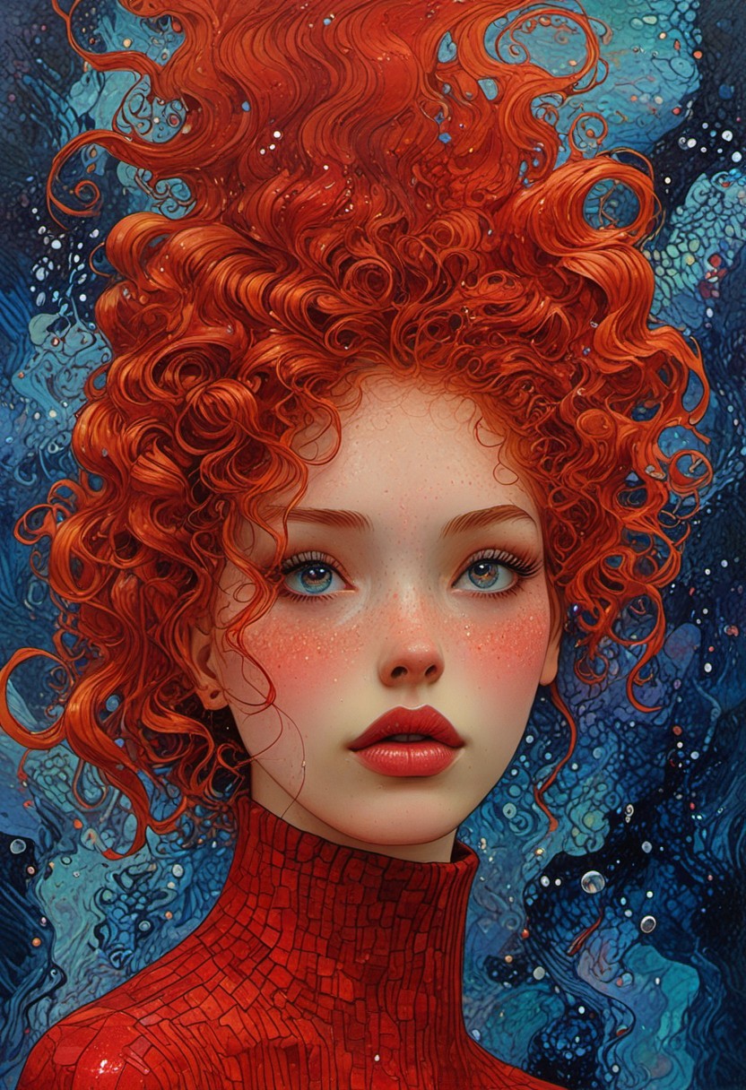 The composition includes evil female, red short dress, curly red hair with glitter, backstroke in the pool, most of the picture shows water,  trending on ArtStation, tintricate, showing  modern minimalism,  detailed, abstract, trippy, 60s style, op art, dark blues and blacks, patterns, hypnotic, art by careening into peace.