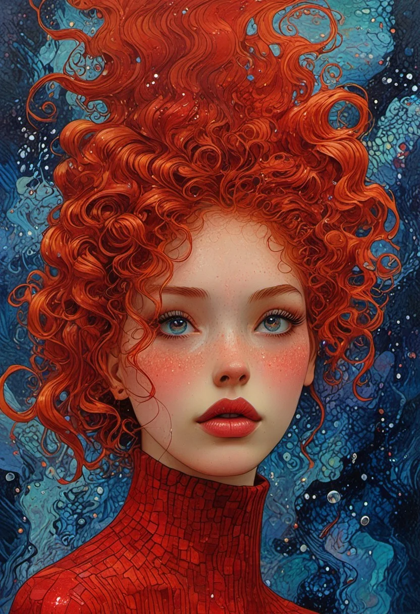 The composition includes evil female, red short dress, curly red hair with glitter, backstroke in the pool, most of the picture shows water, trending on ArtStation, tintricate, showing modern minimalism, detailed, abstract, trippy, 60s style, op art, dark blues and blacks, patterns, hypnotic, art by careening into peace.