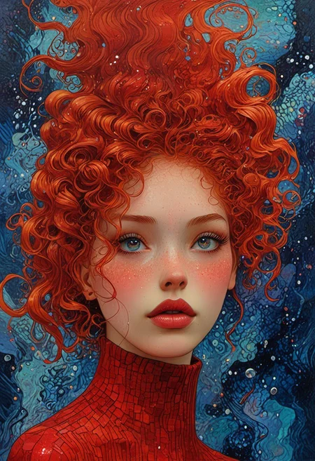 The composition includes evil female, red short dress, curly red hair with glitter, backstroke in the pool, most of the picture shows water, trending on ArtStation, tintricate, showing modern minimalism, detailed, abstract, trippy, 60s style, op art, dark blues and blacks, patterns, hypnotic, art by careening into peace.