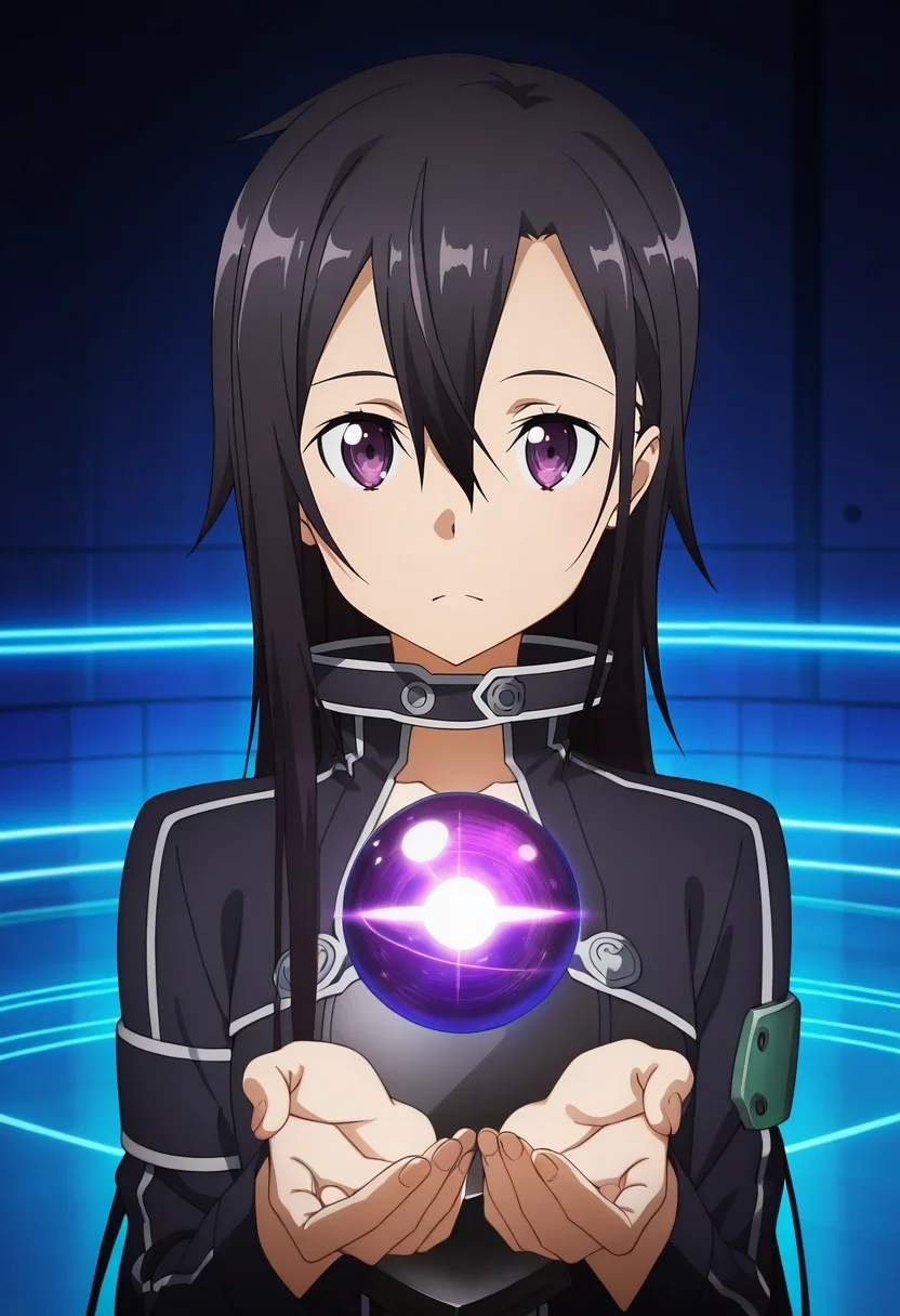 masterpiece, best quality, intricate details, anime screencap, anime coloring, official style, , 1boy, solo, male focus, <lora:kazuto_kirigaya_ilxl:0.9>, kazuto_kirigaya_ggo, black hair, purple eyes, hair between eyes, long hair, androgynous, sao-ggo, kirito \(sao-ggo\), tech sanctum, glowing circuits, holographic shrines, data spheres, analyzing pose, focused expression, digital light,