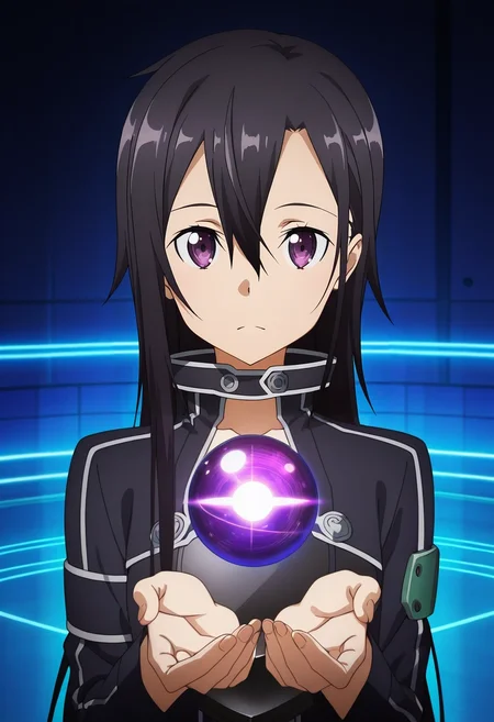 masterpiece, best quality, intricate details, anime screencap, anime coloring, official style, , 1boy, solo, male focus, <lora:kazuto_kirigaya_ilxl:0.9>, kazuto_kirigaya_ggo, black hair, purple eyes, hair between eyes, long hair, androgynous, sao-ggo, kirito \(sao-ggo\), tech sanctum, glowing circuits, holographic shrines, data spheres, analyzing pose, focused expression, digital light,